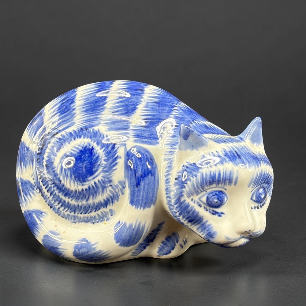 Vintage Style Blue White Ceramic Cat Figurine Hand Painted Striped 5" Figurals